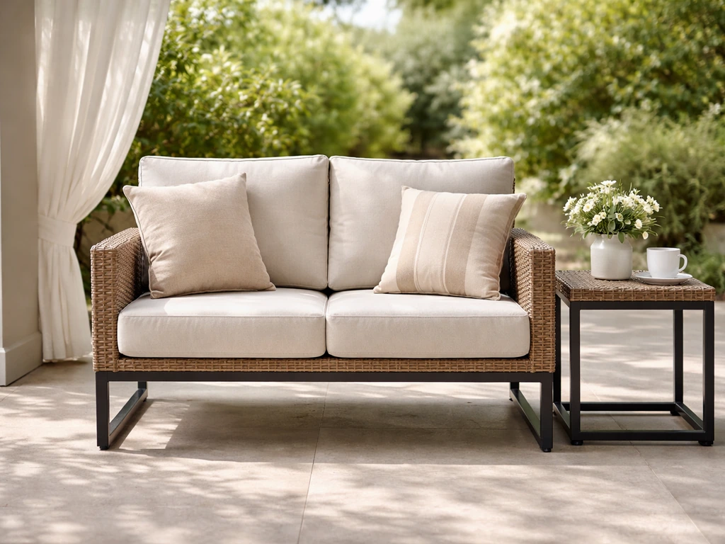 Covered patio with a wicker-and-steel outdoor sofa set and olefin cushions, inviting comfort.