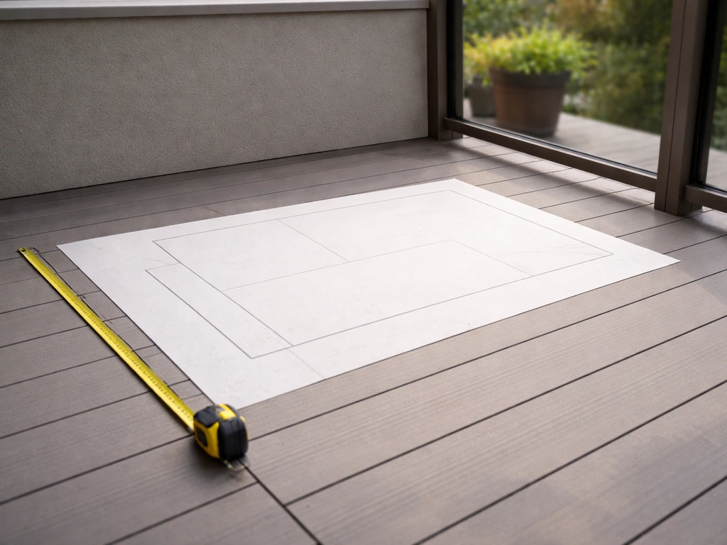 Minimal balcony patio scene with measuring tape and a simple seating footprint plan to size an outdoor set.