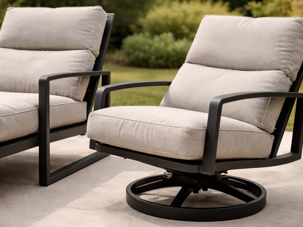 Side view of lounge chair and swivel rocker on a patio, focusing on cushion comfort and swivel mechanism.