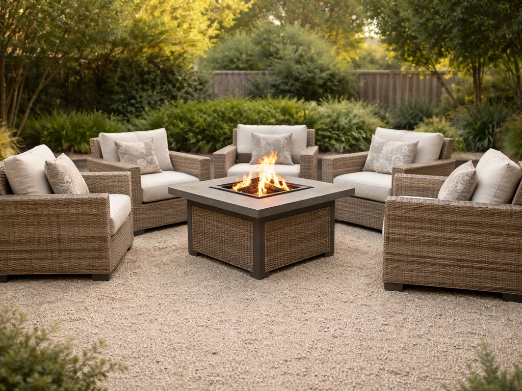 Wicker outdoor conversation set arranged around a central fire pit table with gentle flames.