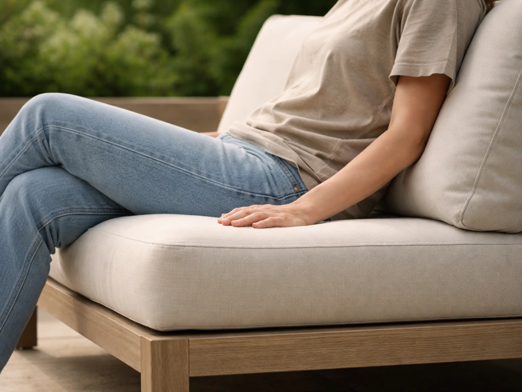 Seated view on an outdoor sofa highlighting thick cushion comfort and deep-seat posture.