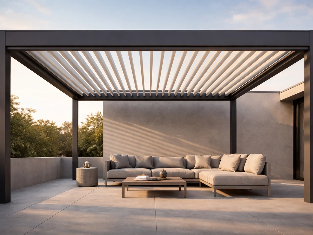 Motorized louver patio pergola with louvers partially open over a clean outdoor seating area