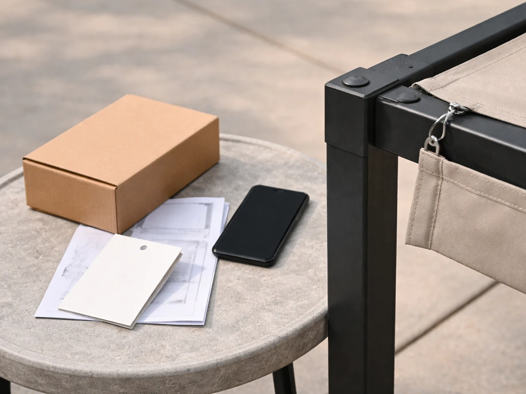 Close-up of patio pergola hardware with an unlabeled box and blank hangtag on a table