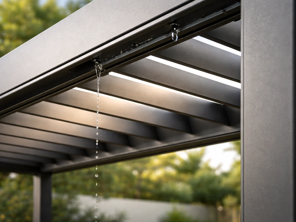 Close-up of remote-controlled adjustable louvers on an outdoor pergola, shown tilted for shade and airflow.