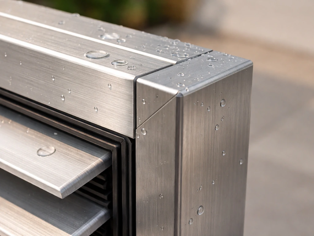 Close-up of a brushed aluminum frame and sealed motorized louver edge with sunlight and water beading.