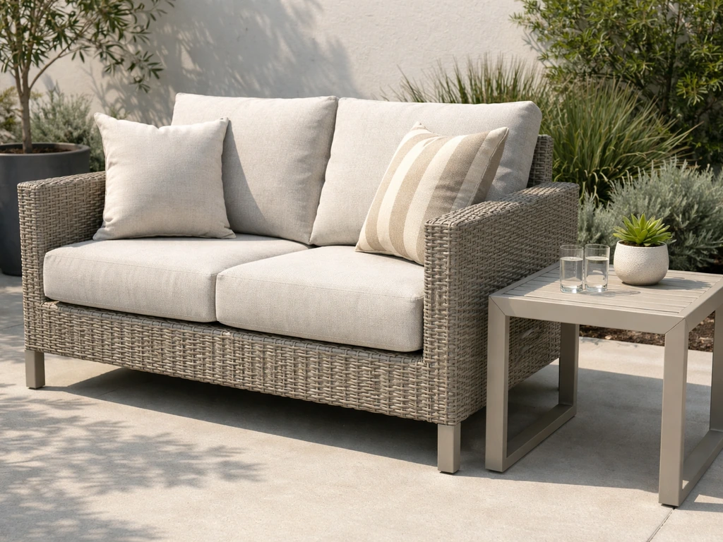 Close-up of a premium Yardbird-style patio furniture set on a sunny outdoor patio, no people.