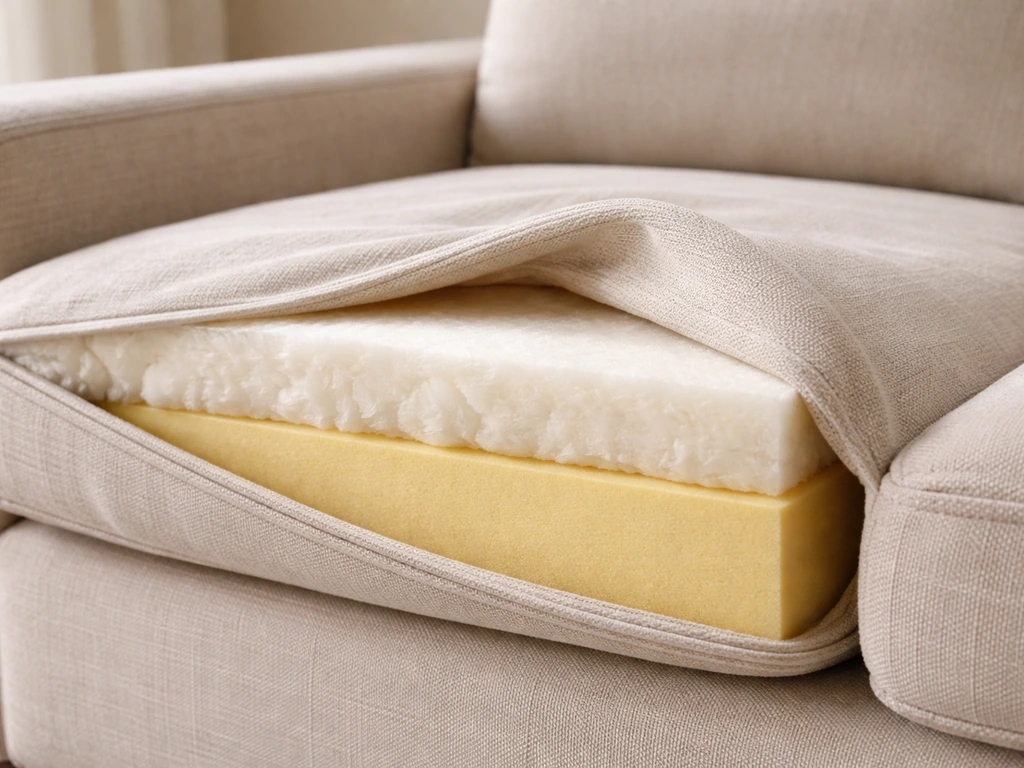 Close-up of a plush dual-density foam cushion profile on a modern sofa, highlighting comfort texture.