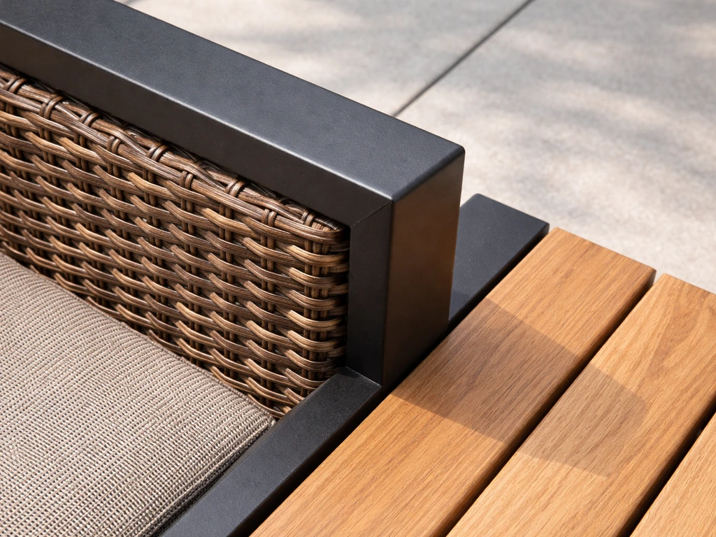 Close-up of powder-coated aluminum frame, HDPE wicker weave, and teak slats on a patio furniture corner.