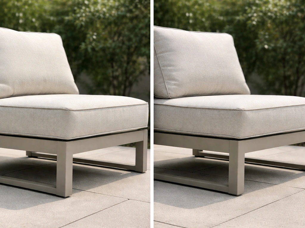 Minimal side-by-side scene comparing two upholstered outdoor lounge chairs with fabric and frame details