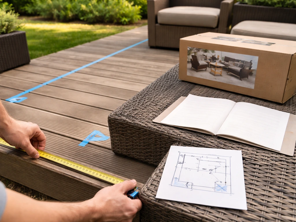 Hands measuring a patio with tape-marked clearance zones, next to an outdoor set box and blank spec sheet.