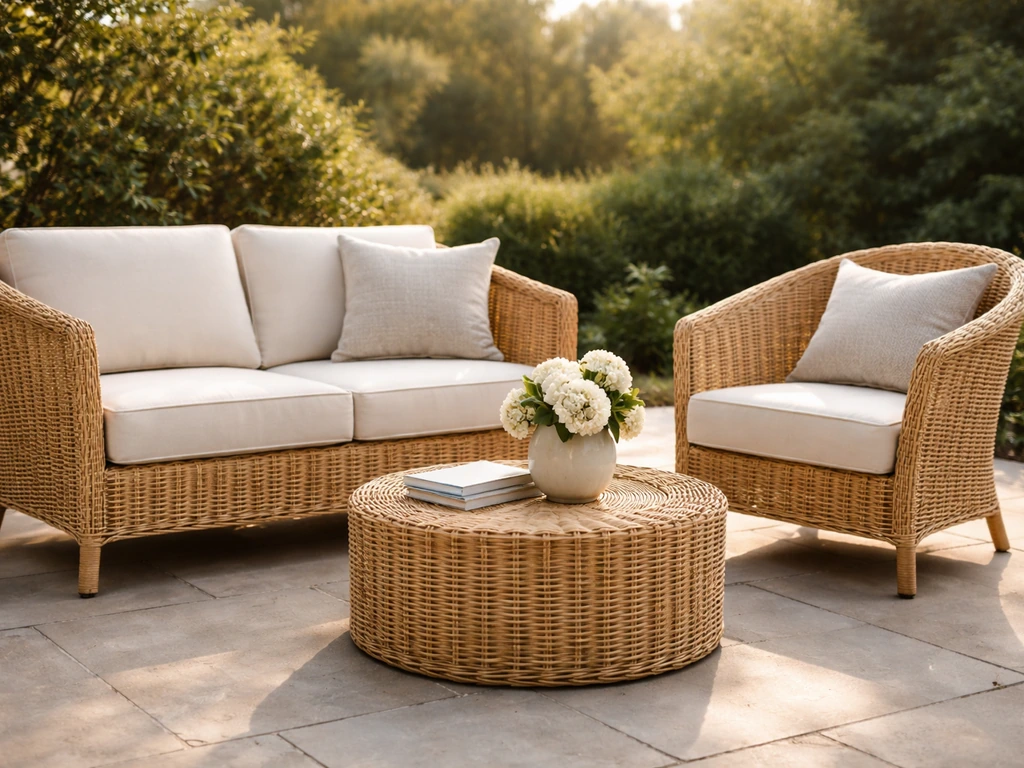 Close lifestyle view of a rattan-style patio seating set with woven texture and cream cushions