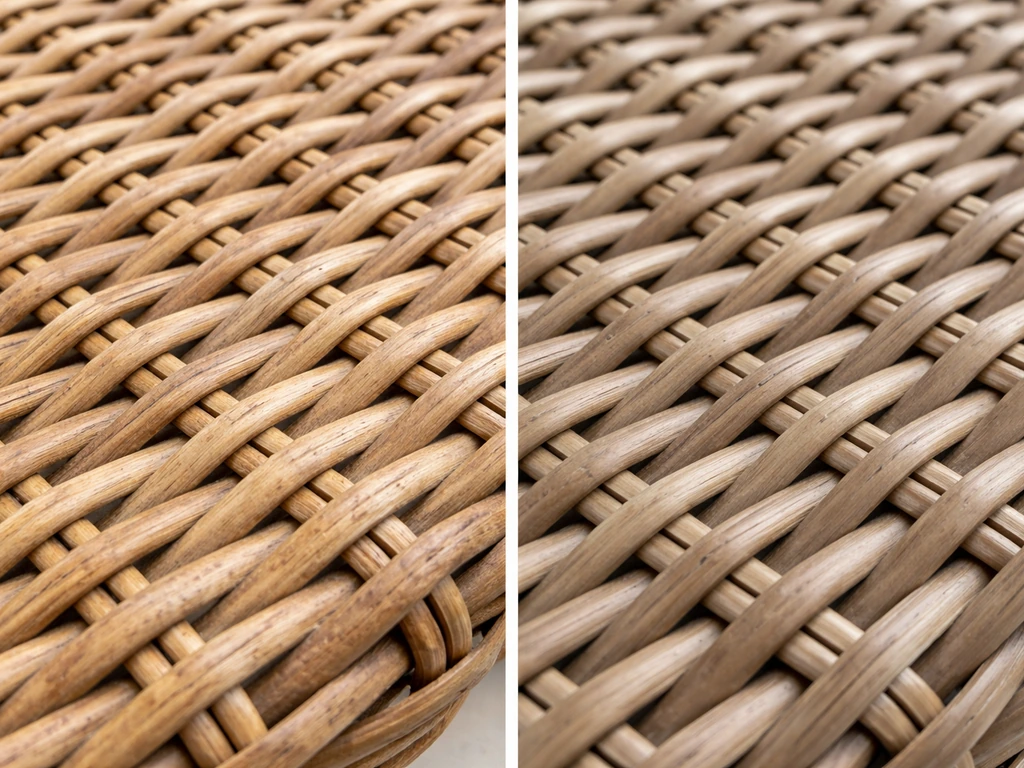 Close-up split view of natural rattan weave versus smooth synthetic resin wicker texture.