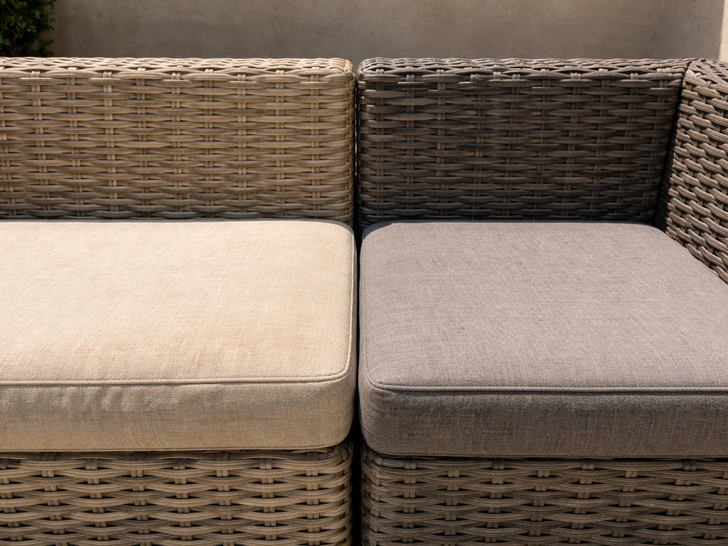 Resin wicker patio set in harsh sun showing UV fading on sun-exposed weave versus shaded area.