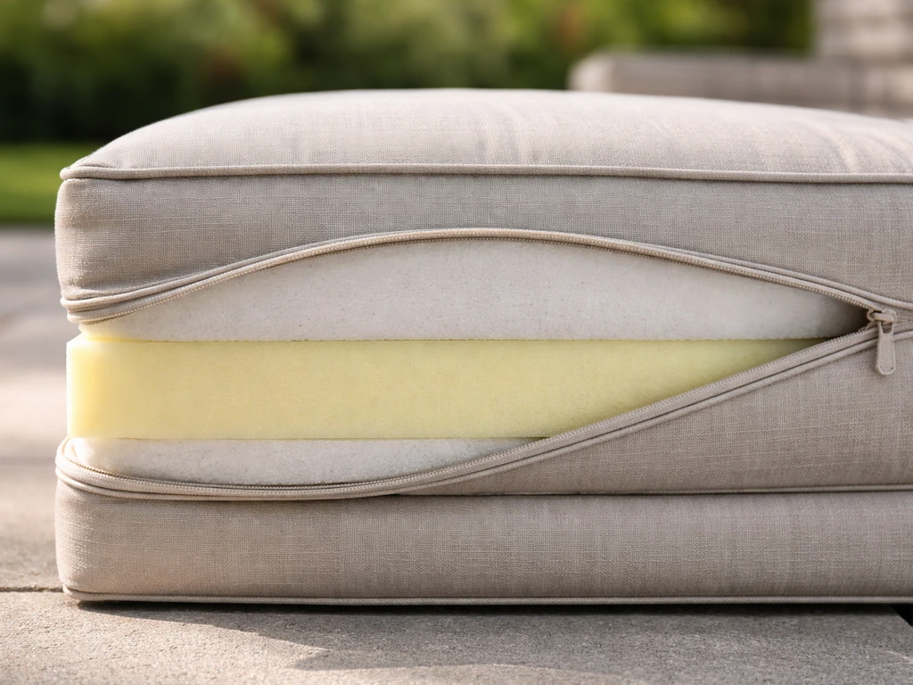 Closeup of an outdoor cushion stack showing polyester cover fabric and foam layers