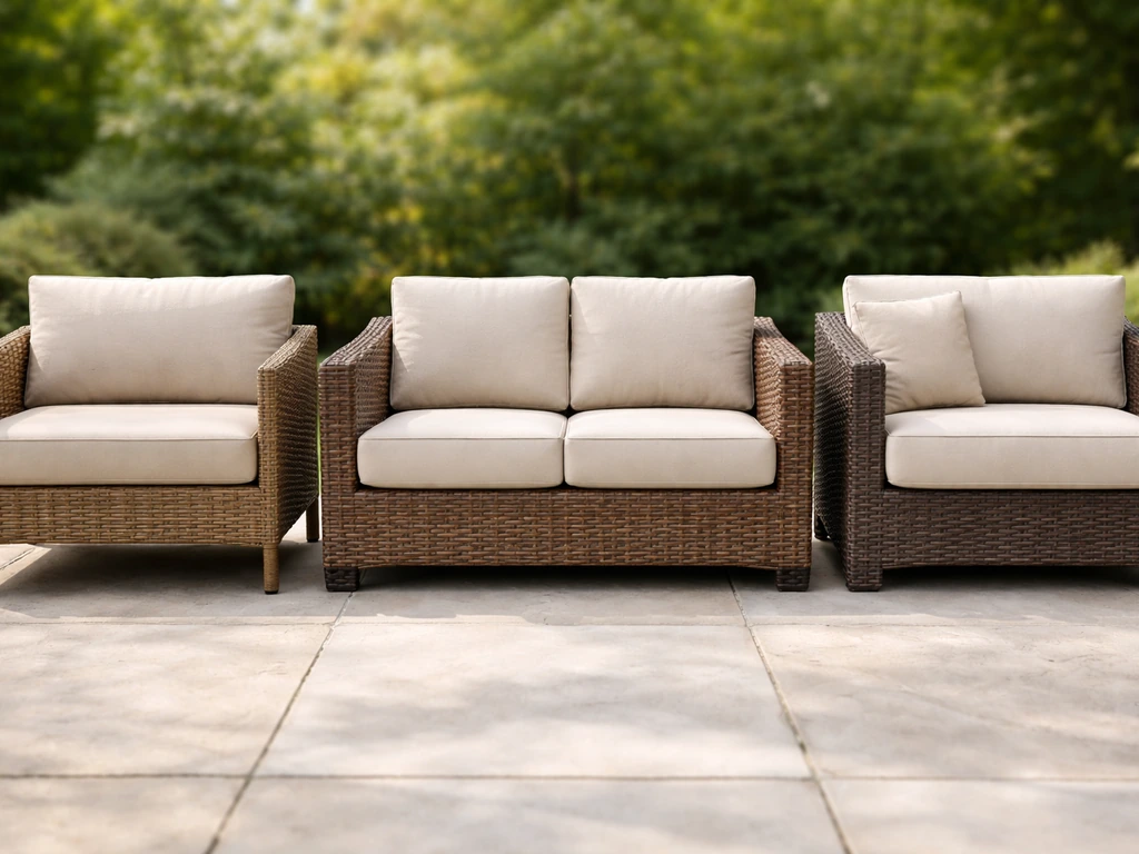 Three side-by-side rattan patio furniture samples showing budget, mid-range, and premium material and cushion difference