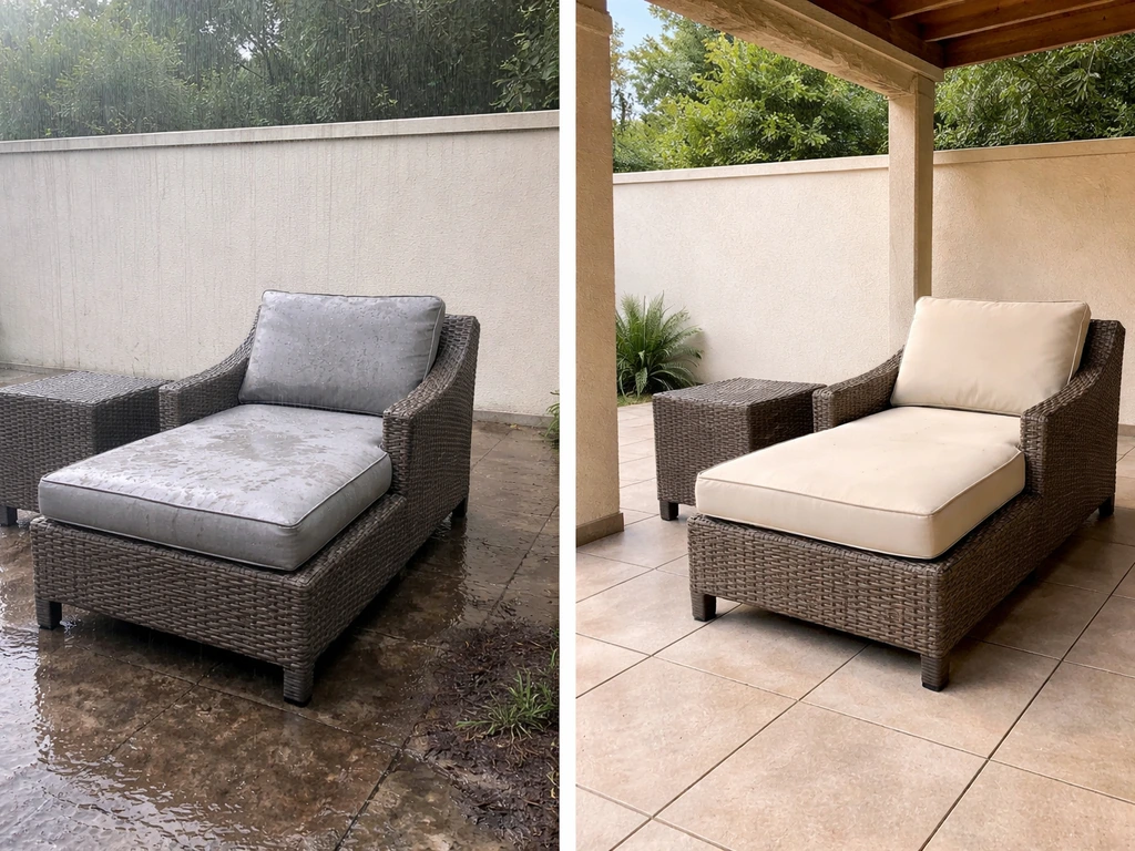 Side-by-side synthetic wicker chairs: left rain-damp and uncovered, right covered and protected under a patio.