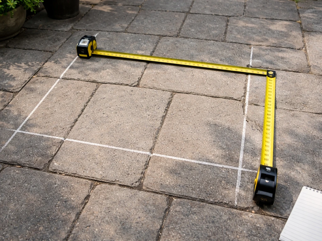 Close-up of a tape measure showing patio floor footprint and clearance marks on outdoor pavers