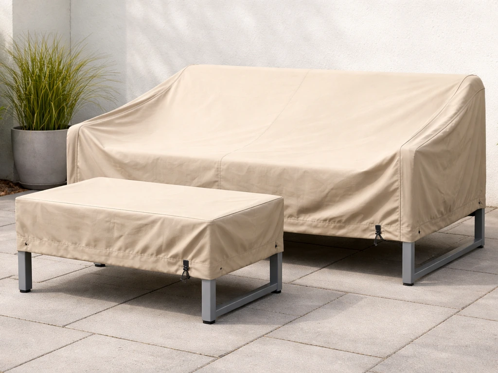 Minimal patio furniture set with visible steel/aluminum frame and an included cover in natural light.