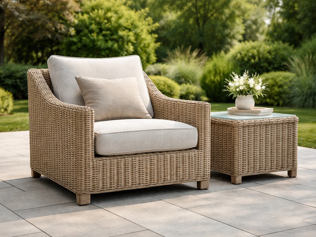 Premium outdoor patio set with high-end woven wicker and plush cushions in a minimalist upscale backyard.