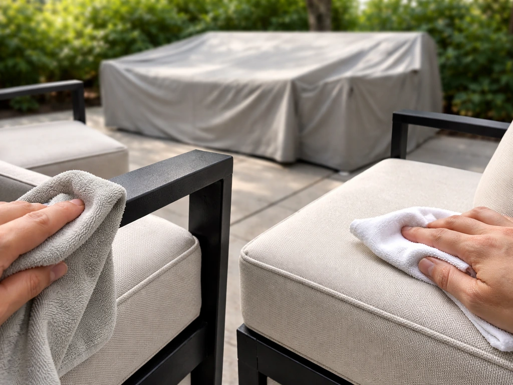 Microfiber cleaning a powder-coated aluminum armrest and wiping cushions, with a fitted cover placed afterward.