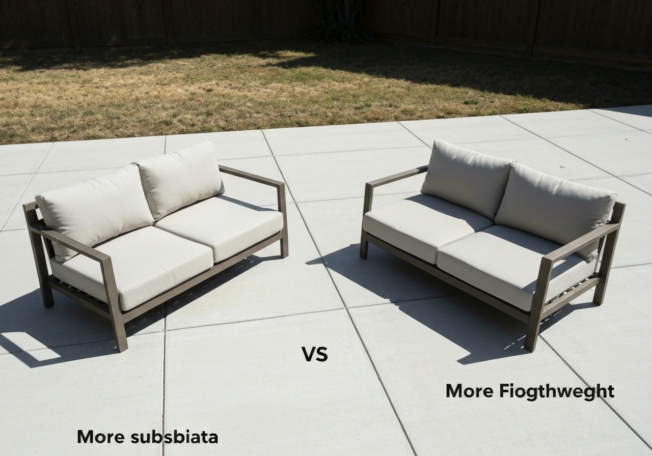 Two minimalist patio conversation sets side-by-side, one with thicker cushions and sturdy build.