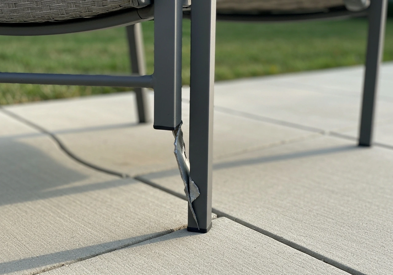Close-up of a generic patio chair base with a cracked metal joint showing a failure point.