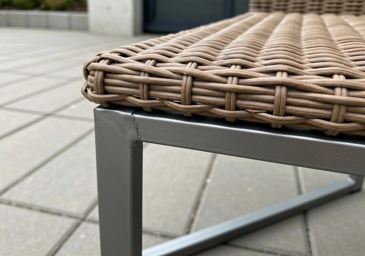 Close-up of hand-woven synthetic wicker over a powder-coated metal frame with visible steel base.