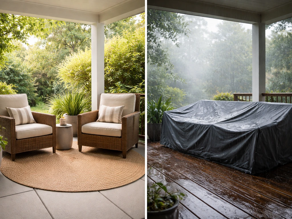 Split scene showing a mild covered patio setup on the left and a rainy coastal covered porch on the right