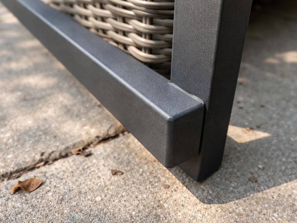 Close-up of a powder-coated aluminum outdoor furniture frame with PE wicker in natural light.