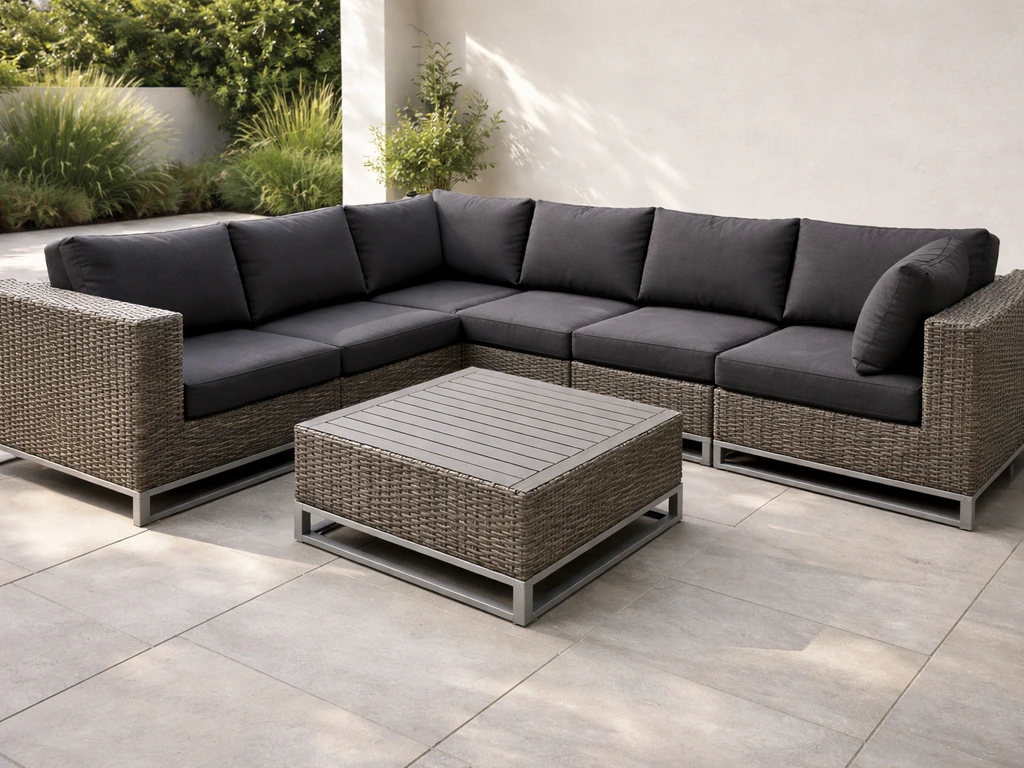 Single outdoor PE wicker sectional set with visible aluminum frame on a quiet patio in natural light.