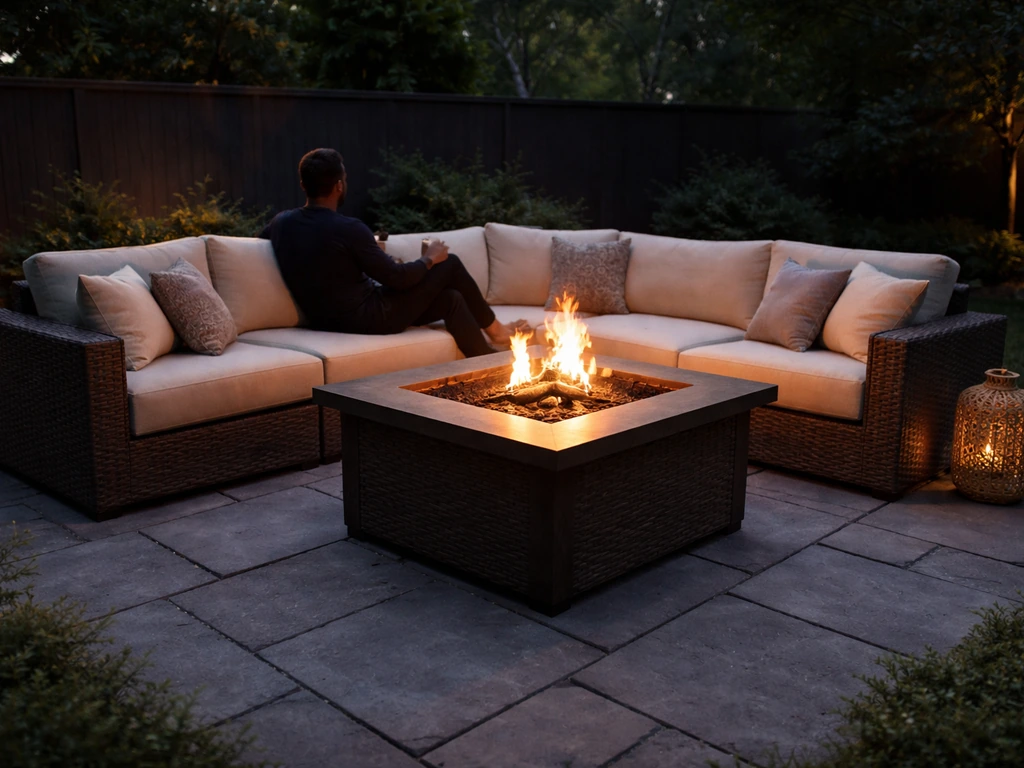SunVilla-style fire pit patio sectional in a cozy backyard at dusk with flames in the fire bowl.