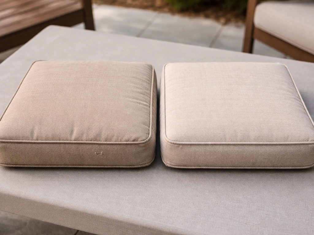 Close-up of patio cushions showing worn fabric with a cleaner cushion beside it, natural outdoor light.