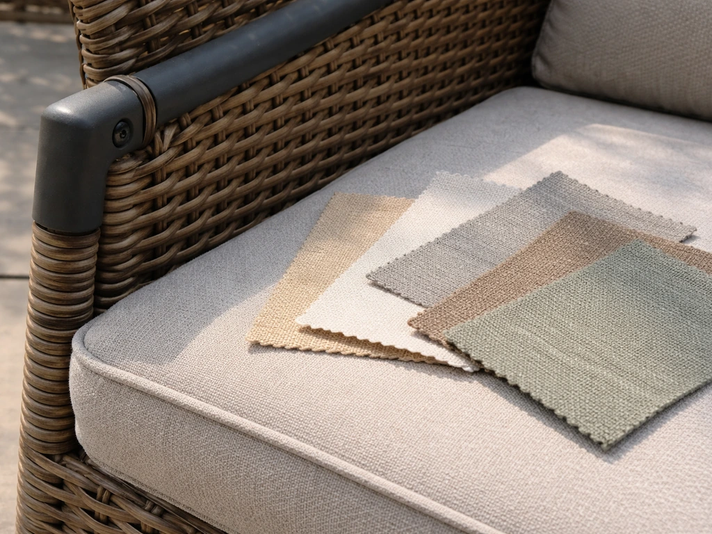 Close-up of powder-coated steel frame and wicker weave with cushion fabric swatches for evaluating a review.