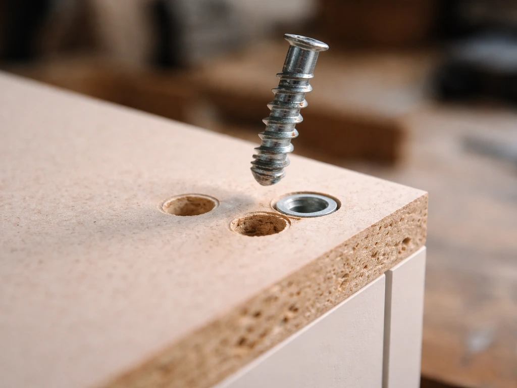 Close-up of misaligned screw holes and a screw/bolt interface on a wood panel at a workbench.