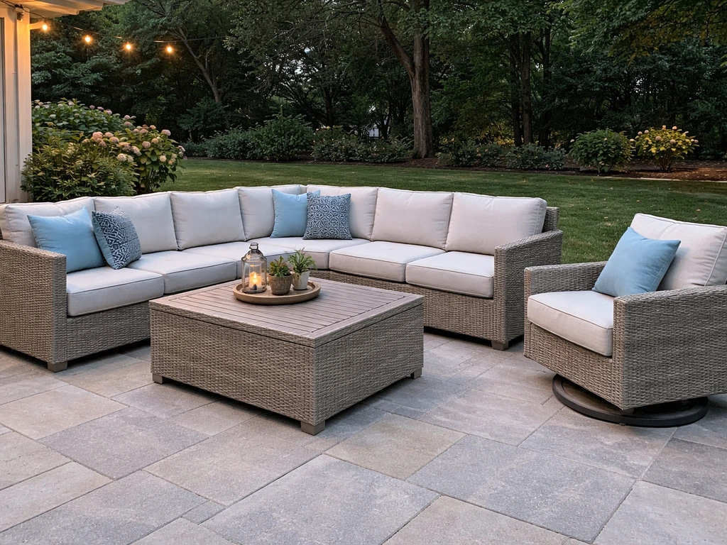 Family-sized sectional outdoor patio set with multiple seating modules and a coffee table for entertaining.