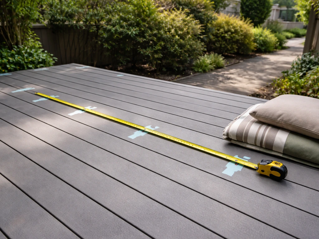 Measuring tape laid across a patio with simple spacing cues and a few cushions for sizing