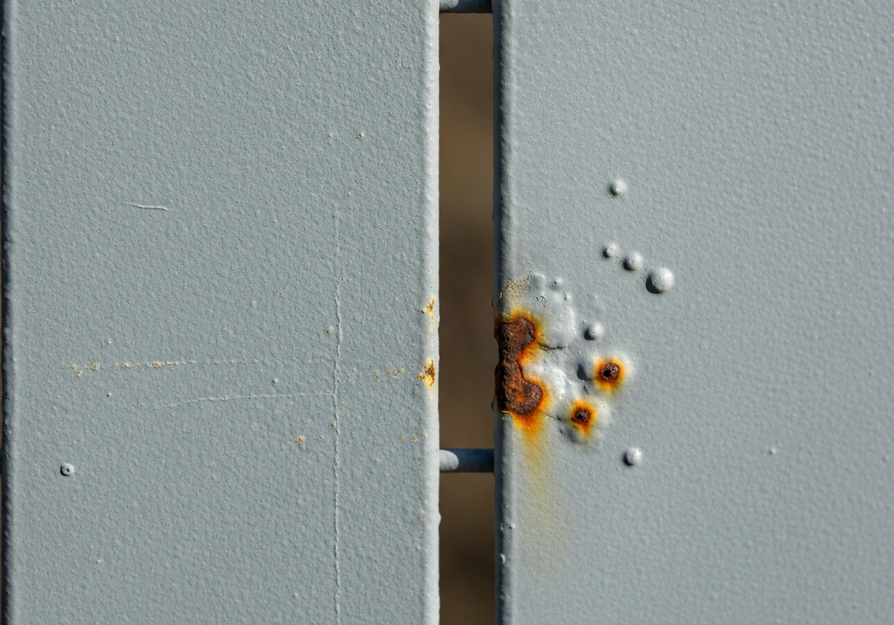 Side-by-side closeup of well powder-coated metal with light wear versus poorly coated metal with rust spots.