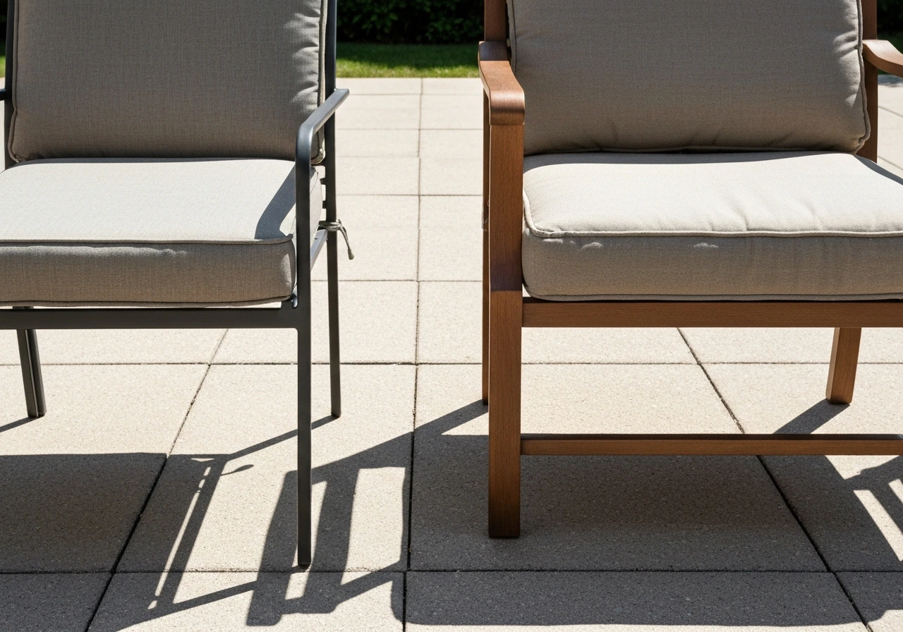 Side-by-side patio furniture sets showing budget vs mid-range materials and build quality on an outdoor patio.