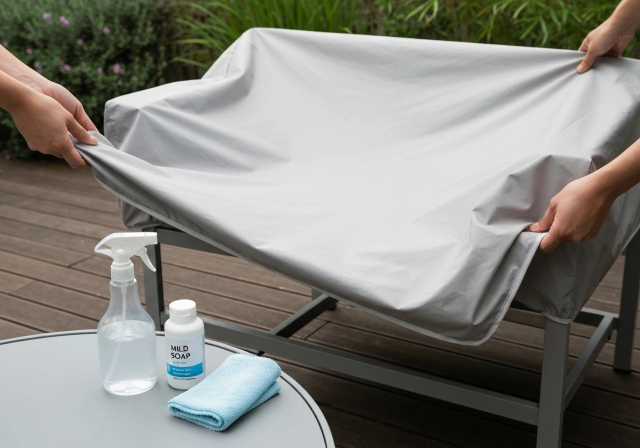 Outdoor patio furniture cover being placed over a patio set, with a care spray kit nearby.