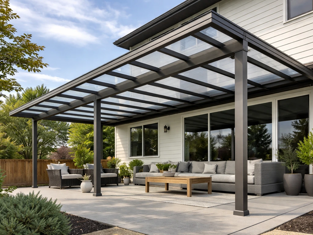 Aluminum-framed Crown-style patio cover with clear acrylic panels over a deck in mixed daylight.