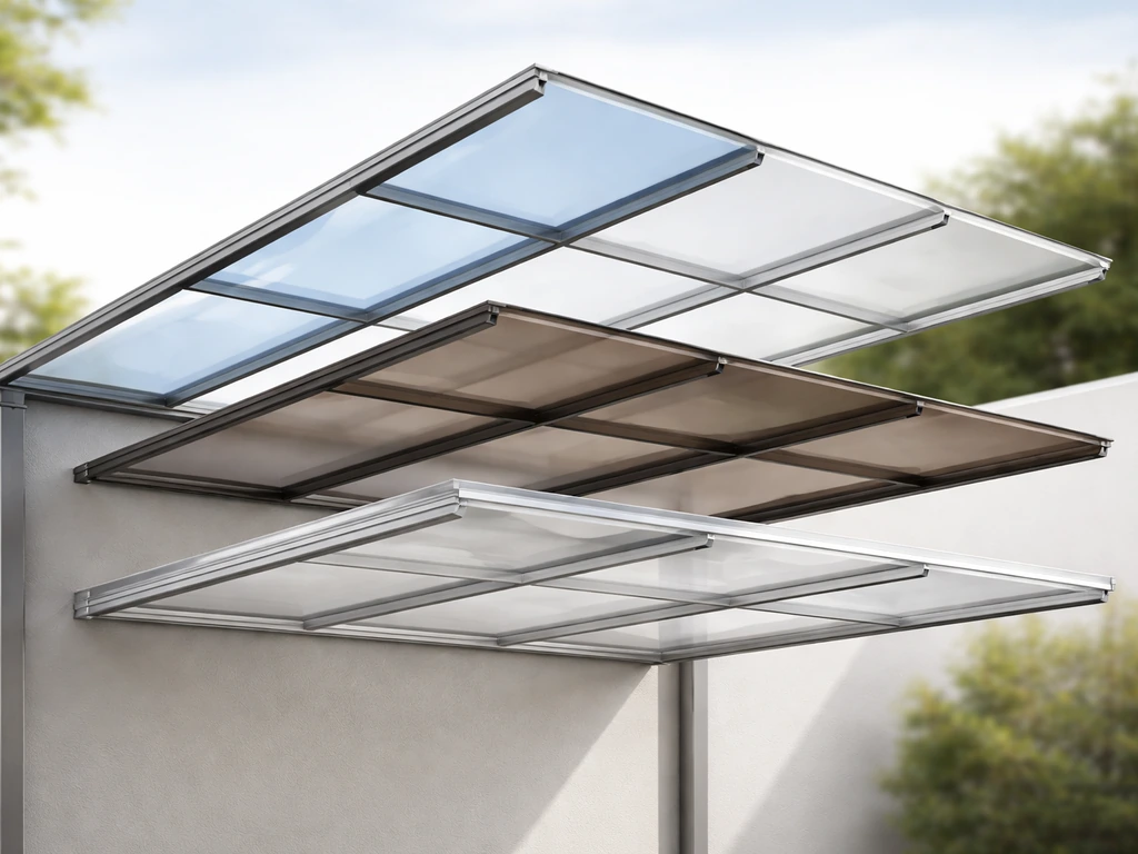 Aluminum-framed patio cover with acrylic panels, showing color options in a simple exploded-style setup.