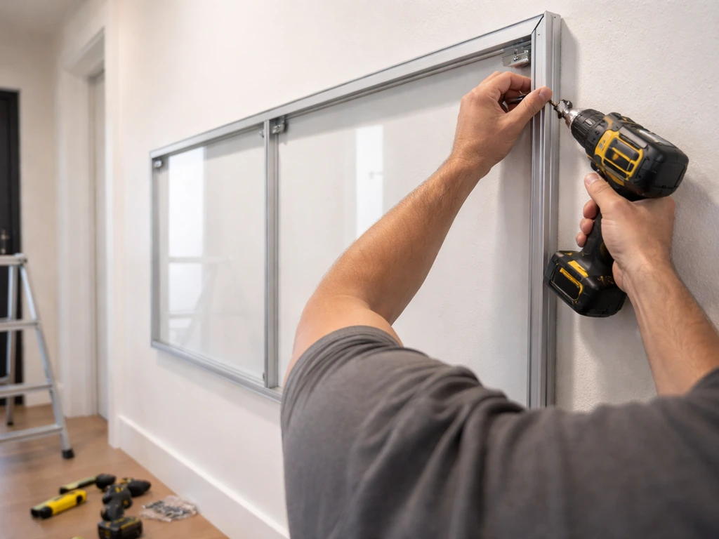 Hands mounting an aluminum frame with acrylic panels on a wall, with brackets/anchors and tools nearby.