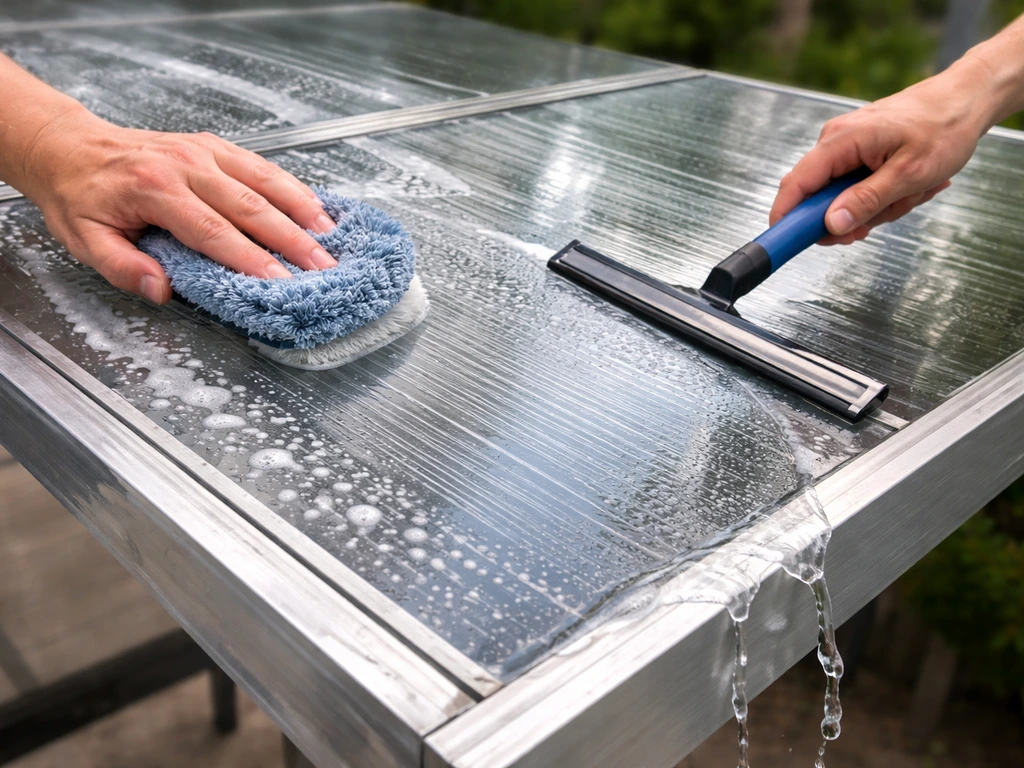Hands gently cleaning clear acrylic patio cover panels with a brush and squeegee; runoff visible at the edge.