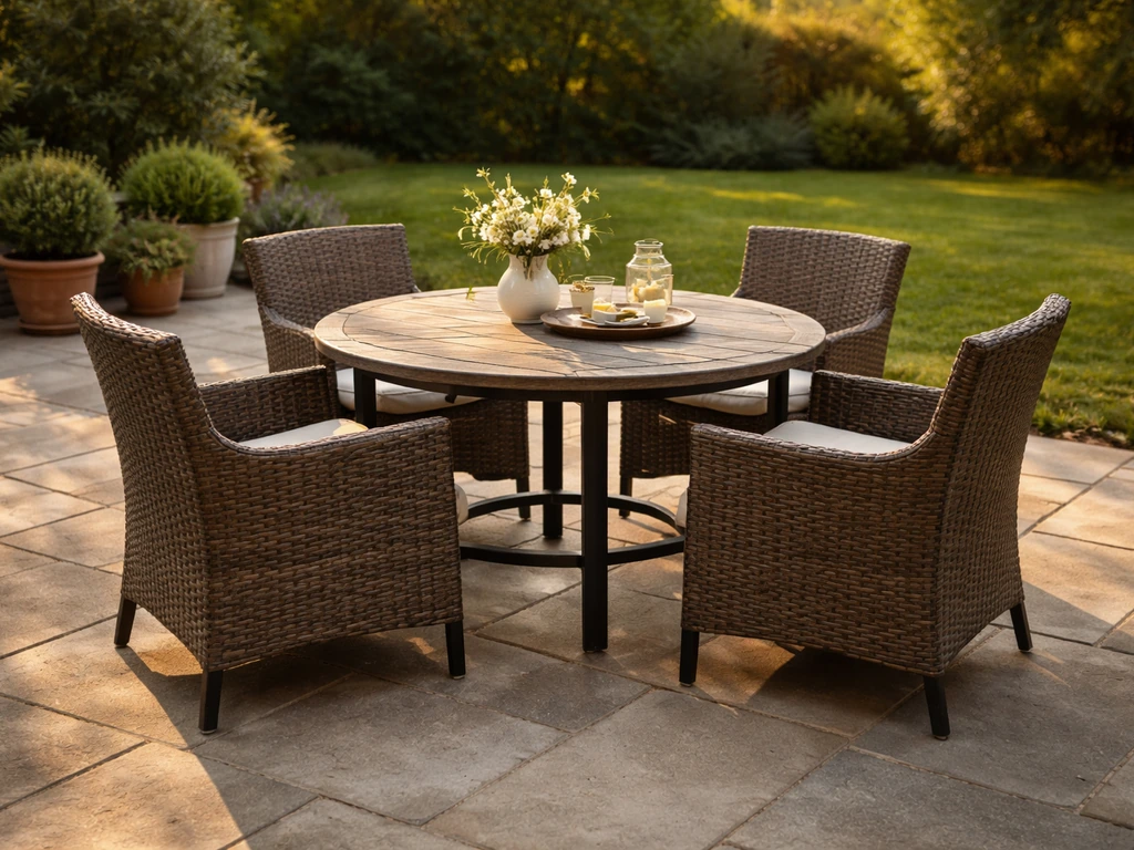 Outdoor patio dining set on a stone terrace with cushions, shown in warm daylight