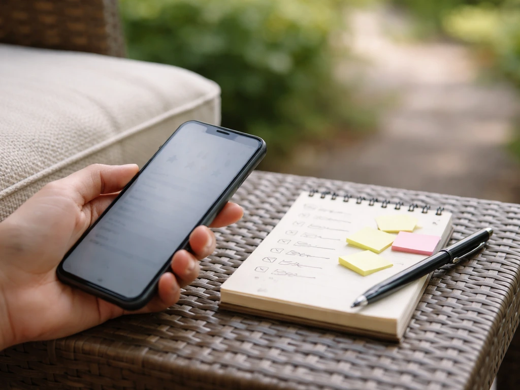 Close-up of a smartphone showing blurred star icons beside a patio cushion, with messy review-like scribbles nearby