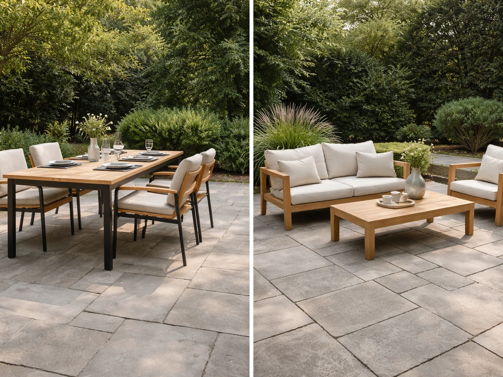 Side-by-side patio dining-height table with chairs and a lower conversation seating set.