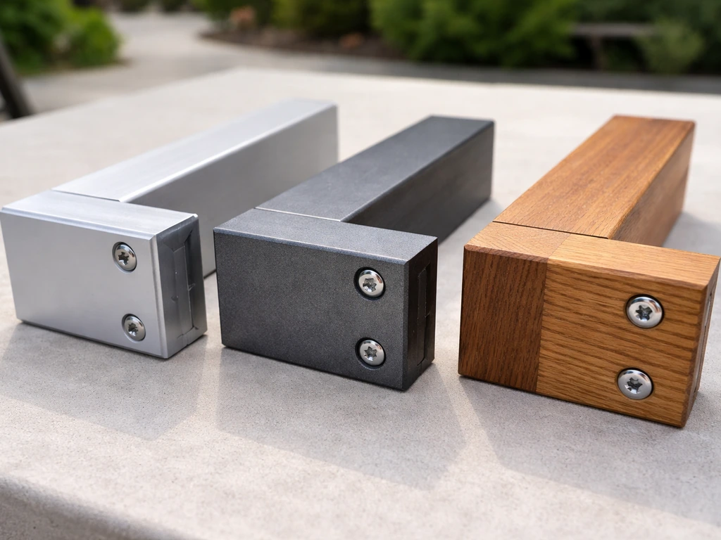 Close-up of aluminum, steel, and wood patio frame corners showing finishes, grain, and fasteners.