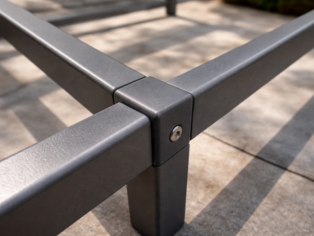 Close-up of powder-coated aluminum frame joints and connections for outdoor furniture.
