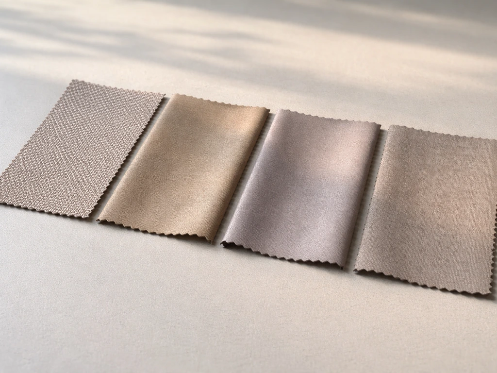 Four cushion fabric swatches laid side-by-side, distinct textures under natural daylight.