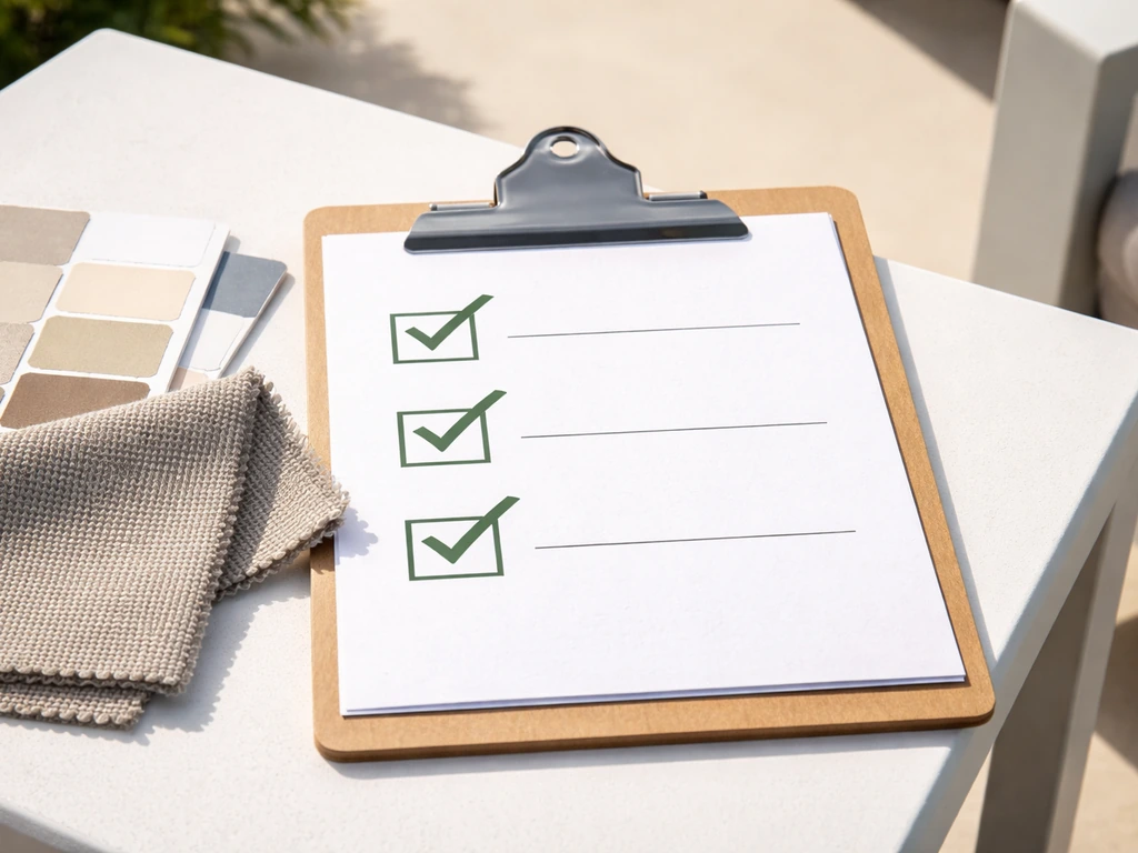 Checklist card with checkmarks and outdoor fabric swatches beside a blurred powder-coated aluminum frame.